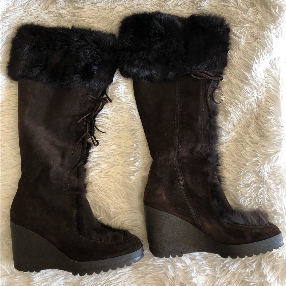 COACH Karita Brown Suede Leather Rabbit Fur Boots